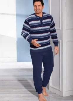 Clearance BADER Schlafanzug aus Frottierstretch, mit Knopfleiste und Bündchenabschlüssen MARINE-WEISS-ROT