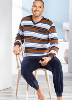 Sale BADER Schlafanzug aus Frottierstretch mit V-Ausschnitt und Bündchenabschlüssen MARINE-OCKER-BUNT