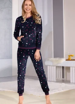 Discount BADER Schlafanzug aus Polarfleece mit Kängurutaschen und Bündchen MARINE-FUCHSIA-WEISS