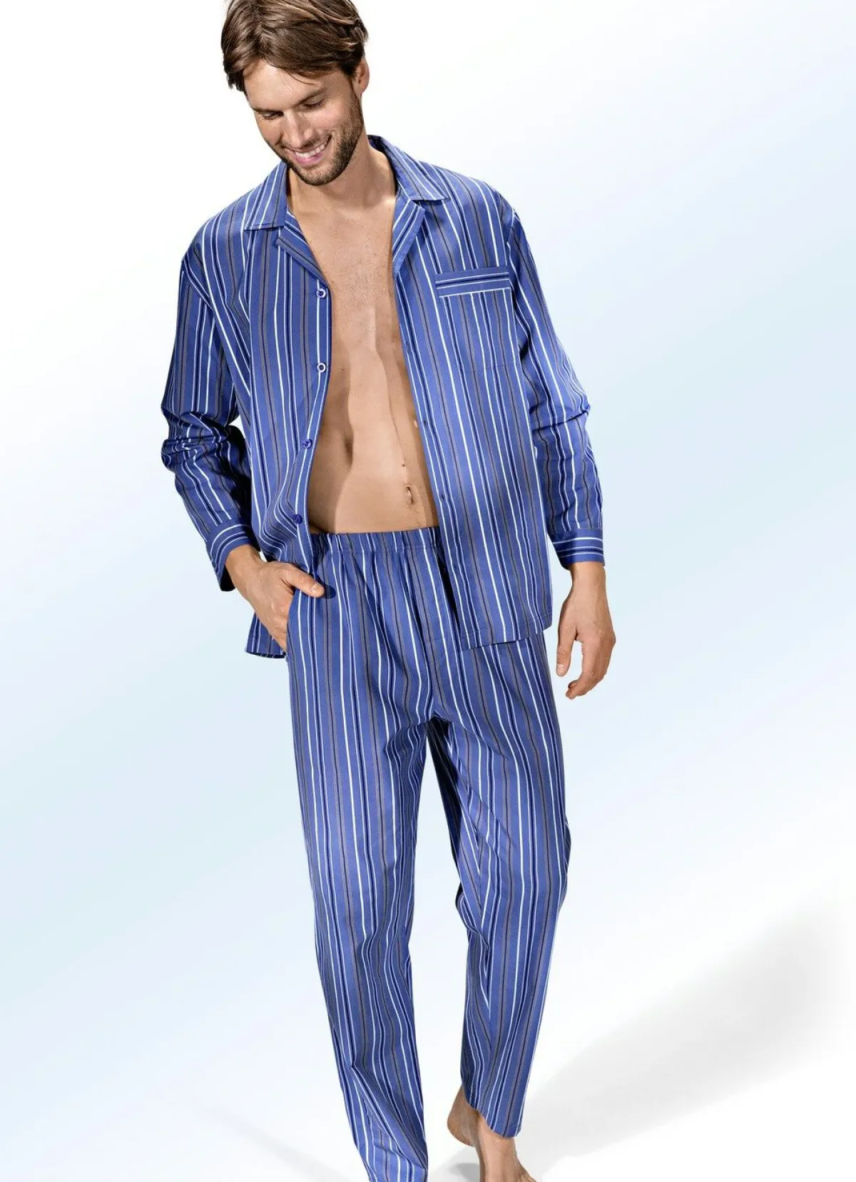Discount BADER Schlafanzug, durchgeknöpft, aus Webware mit Streifendessin JEANSBLAU-BUNT