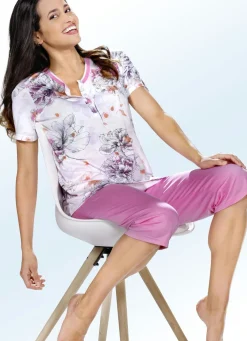 New BADER Schlafanzug, Kurzarm mit Knopfleiste und Blumendruck WEISS-ROSA
