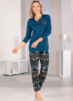 Best BADER Schlafanzug, lange Ärmel und langer Hose mit Dehnbund PETROL-SCHWARZ-ORANGE-BEIGE