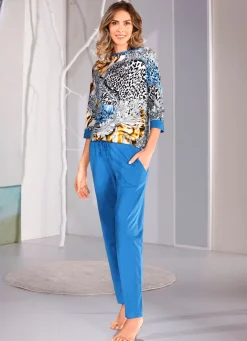BADER Schlafanzug mit 3/4 langen Ärmeln sowie langer Hose WEISS-ROYALBLAU-BUNT