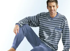 BADER Schlafanzug mit Bündchenabschlüssen, V-Ausschnitt und garngefärbtem Ringeldessin JEANSBLAU