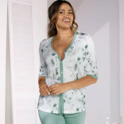 Discount E.FEMME Schlafanzug mit durchgeknöpftem Oberteil und wadenlanger Hose WEISS-JADEGRÜN