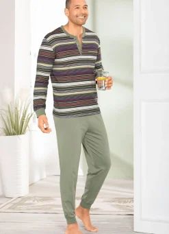 New BADER Schlafanzug mit Knopfleiste und Bündchenabschlüssen KHAKI-SCHWARZ-BORDEAUX