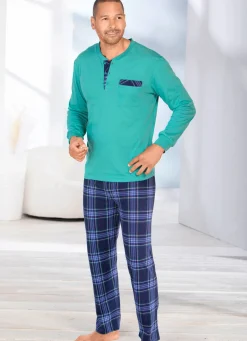 Sale BADER Schlafanzug mit Knopfleiste und offenen Beinabschlüssen GRÜN-MARINE-BUNT
