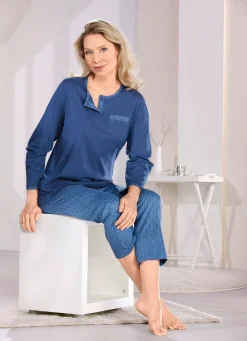 Best COMTESSA Schlafanzug mit Knopfleiste und Brusttasche JEANSBLAU-MARINE