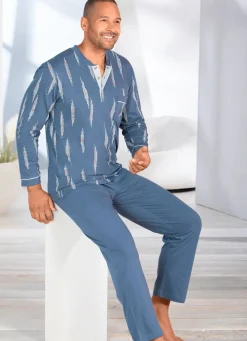New BADER Schlafanzug mit Knopfleiste und offenen Abschlüssen JEANSBLAU-BUNT