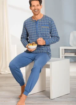 Discount BADER Schlafanzug mit Knopfleiste und Bündchenabschlüssen JEANSBLAU-GELB
