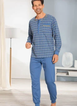 Discount BADER Schlafanzug mit Knopfleiste und Bündchenabschlüssen JEANSBLAU-GELB