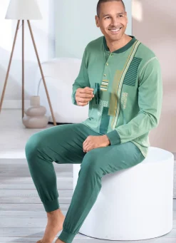 Clearance BADER Schlafanzug mit Knopfleiste und Bündchenabschlüssen JADEGRÜN-TANNE-BUNT