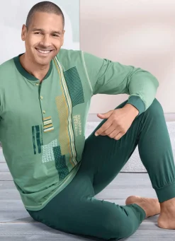 Clearance BADER Schlafanzug mit Knopfleiste und Bündchenabschlüssen JADEGRÜN-TANNE-BUNT