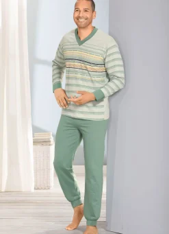 Discount BADER Schlafanzug mit V-Ausschnitt, Bündchenabschüssen und platziertem Druckdessin MINTGRÜN-JADE-BUNT