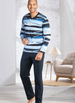 BADER Schlafanzug mit V-Ausschnitt und offenen Abschlüssen HELLBLAU-NAVY-BUNT