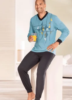 New BADER Schlafanzug mit V-Ausschnitt und Bündchenabschlüssen BLAU-GRAFIT
