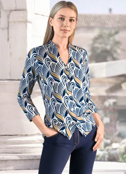 Online KLAUS MODELLE MADE IN GERMANY Schön dessinierte Shirtbluse MARINE-ECRU-TAUPE
