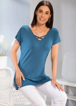 Clearance BADER Shirt mit Bändchenzier am V-Ausschnitt in 2 Farben INDIGOBLAU