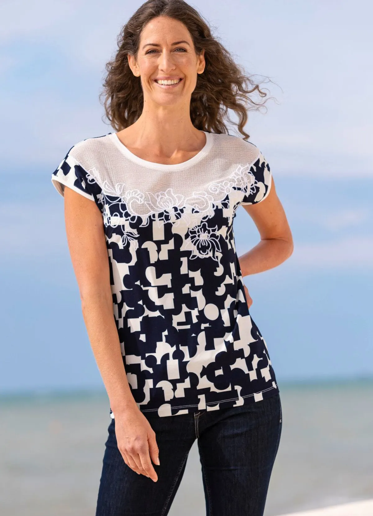 Sale BADER Shirt mit floraler Stickerei MARINE-ECRU