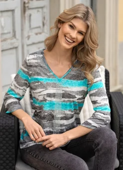 Best BADER Shirt mit silberfarbenen Zierplättchen GRAU-EISBLAU-ECRU