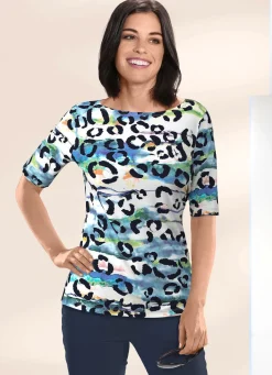 KLAUS MODELLE MADE IN GERMANY Shirt mit U-Boot-Ausschnitt BLAU-ECRU-BUNT