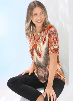New BADER Shirt mit V-Ausschnitt ORANGE-ECRU-BUNT