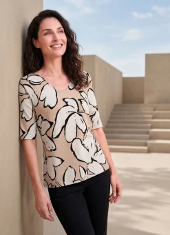 Outlet KLAUS MODELLE MADE IN GERMANY Shirt mit V-Ausschnitt TAUPE-ECRU-SCHWARZ