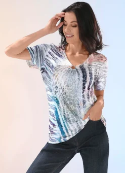 Best BADER Shirt mit V-Ausschnitt mit Zierring BLAU-BEIGE