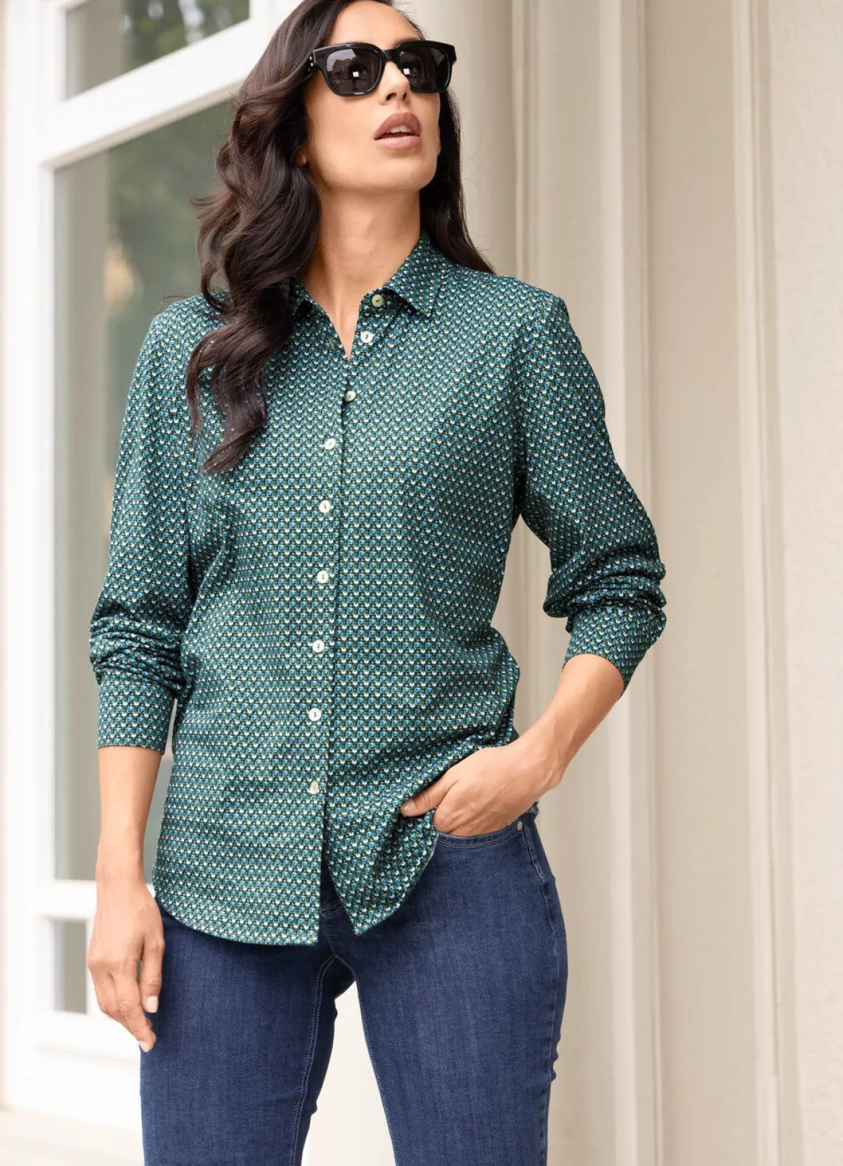 Hot Tizia Shirtbluse mit Minimal -Dessin OLIV-PETROL-WEISS