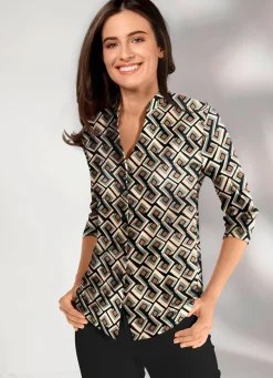 New KLAUS MODELLE MADE IN GERMANY Shirtbluse mit Stehkragen SCHWARZ-SAND-BUNT