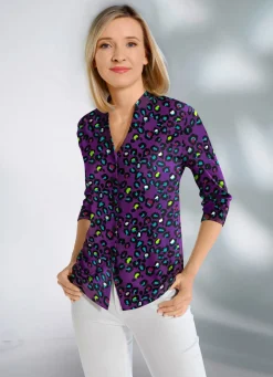 Hot KLAUS MODELLE MADE IN GERMANY Shirtbluse mit Stehkragen LILA-TÜRKIS-BUNT