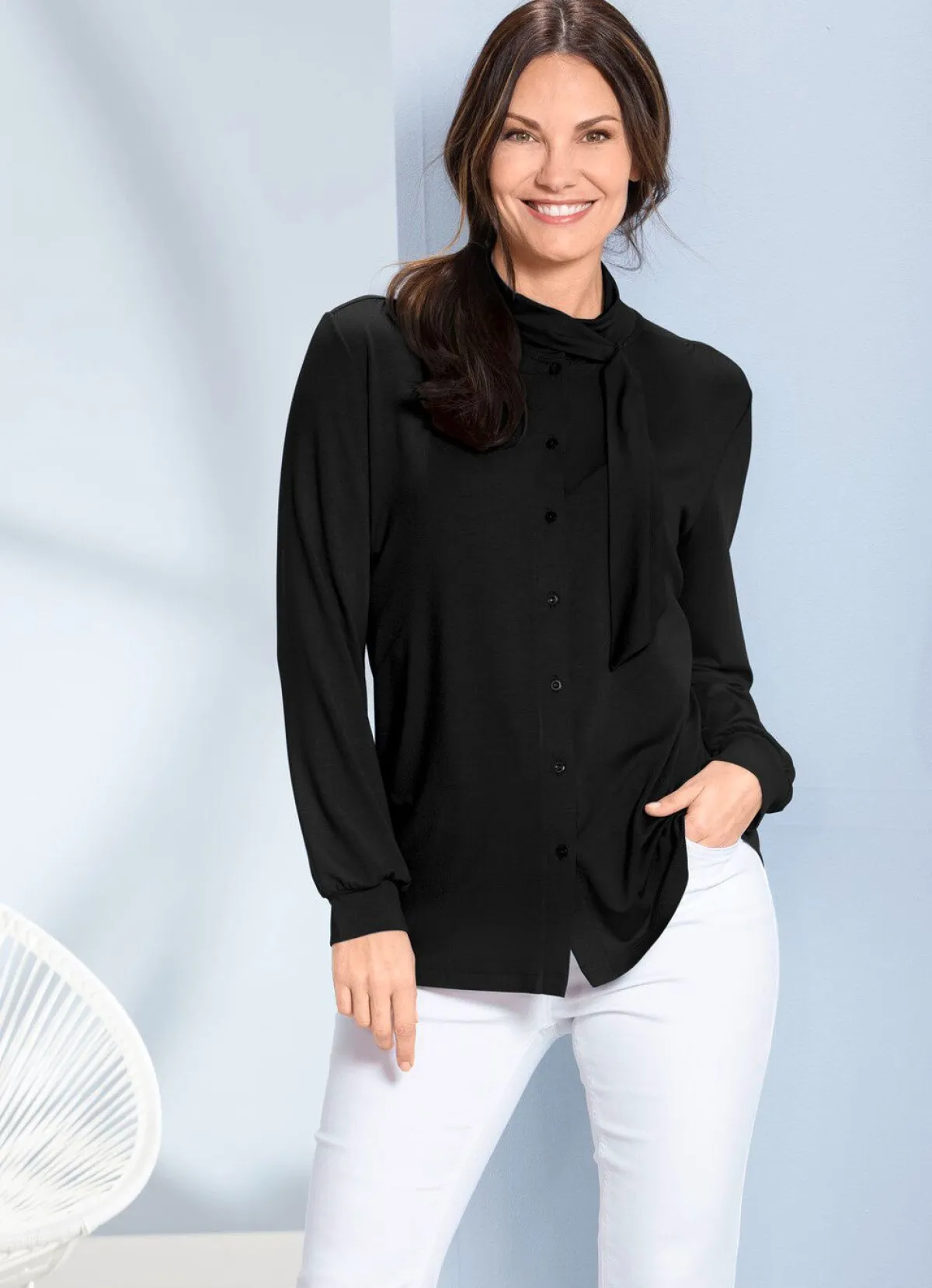 Hot BADER Shirtbluse mit durchgender Knopfleiste in 2 Farben SCHWARZ