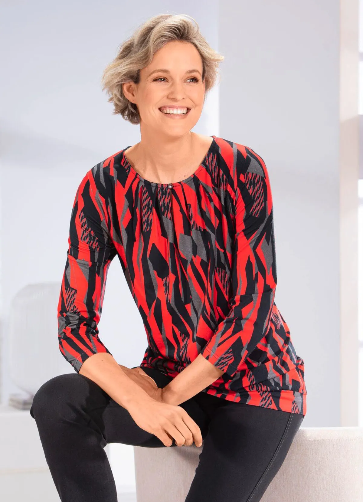 Sale BADER Shirt mit Schlingenknopfverschluss ROT-GRAU-SCHWARZ