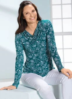 New KLAUS MODELLE MADE IN GERMANY Shirt mit Wasserfall-Ausschnitt in 2 Farben PETROL-WEISS