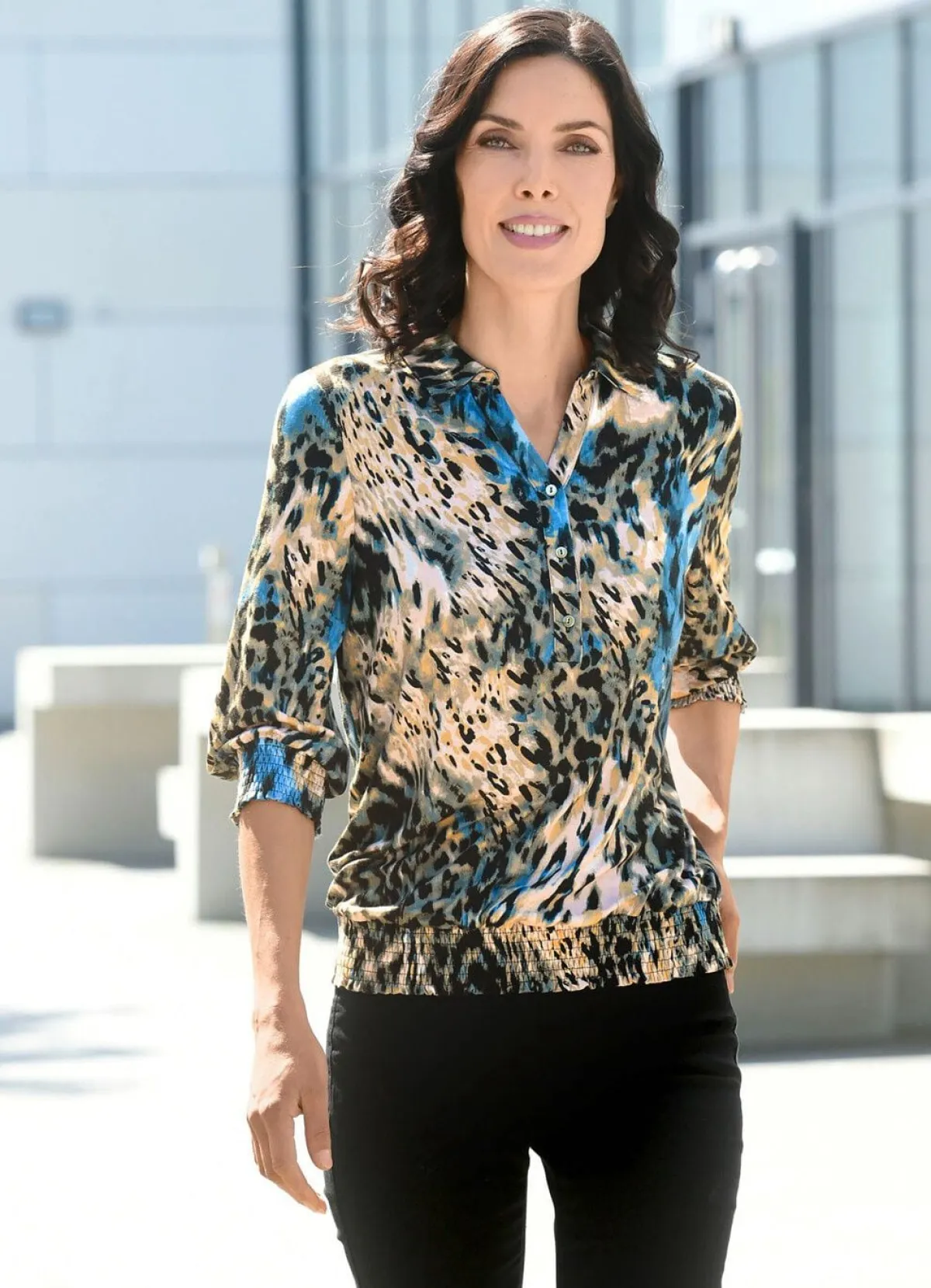 Outlet BADER Shirt-Tunika mit gesmokten Armabschlüssen SAND-BLAU-SCHWARZ-BUNT