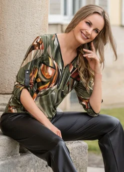 New BADER Shirt-Tunika mit Lederimitat-Besatz OLIV-BRAUN-MESSING-BUNT