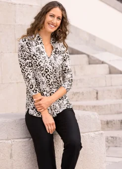 Sale KLAUS MODELLE MADE IN GERMANY Shirt-Tunika mit Stehkragen ECRU-SCHWARZ-SAND