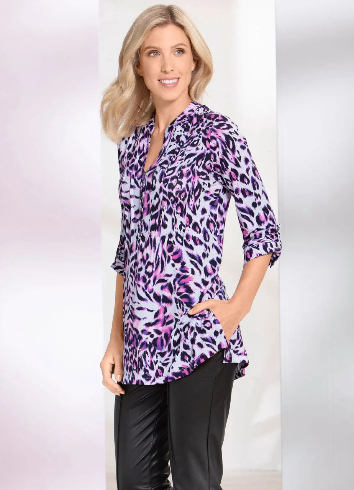 BADER Shirt-Tunika mit Stehkragen ECRU-ROSA-BUNT
