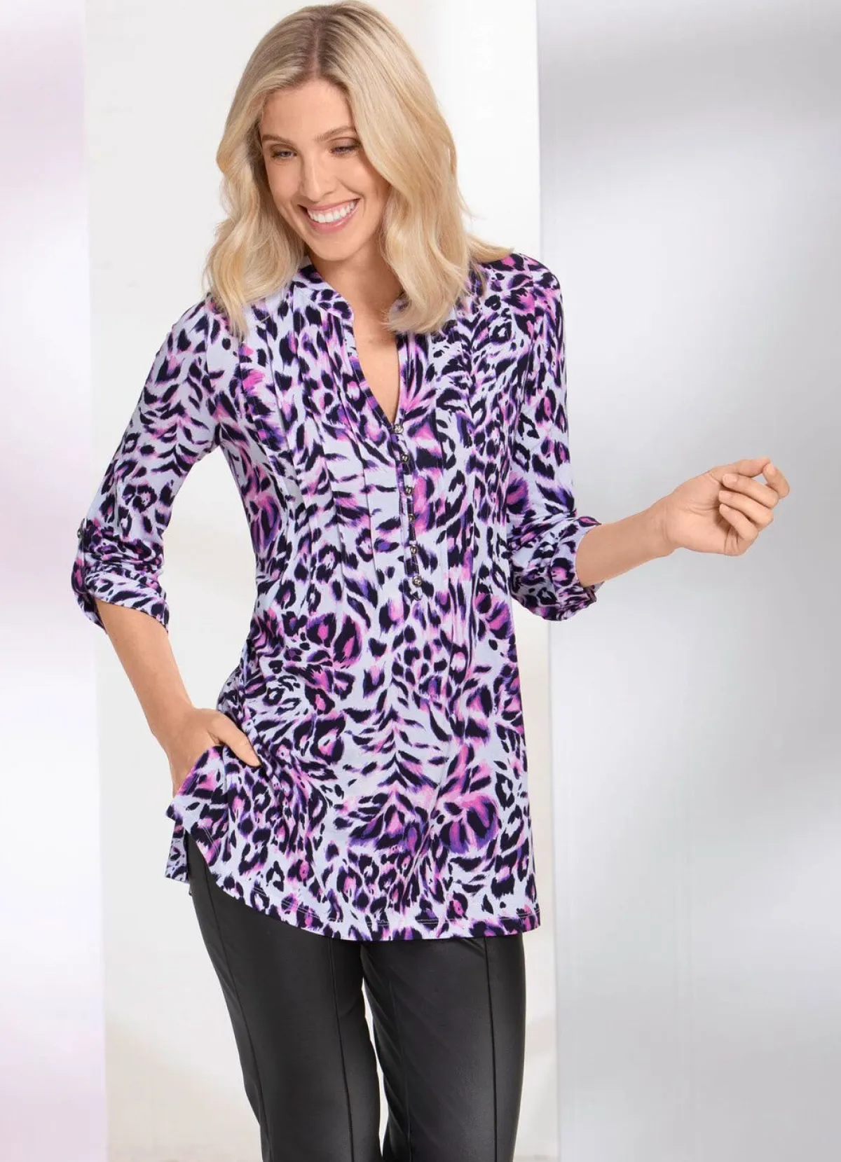 BADER Shirt-Tunika mit Stehkragen ECRU-ROSA-BUNT