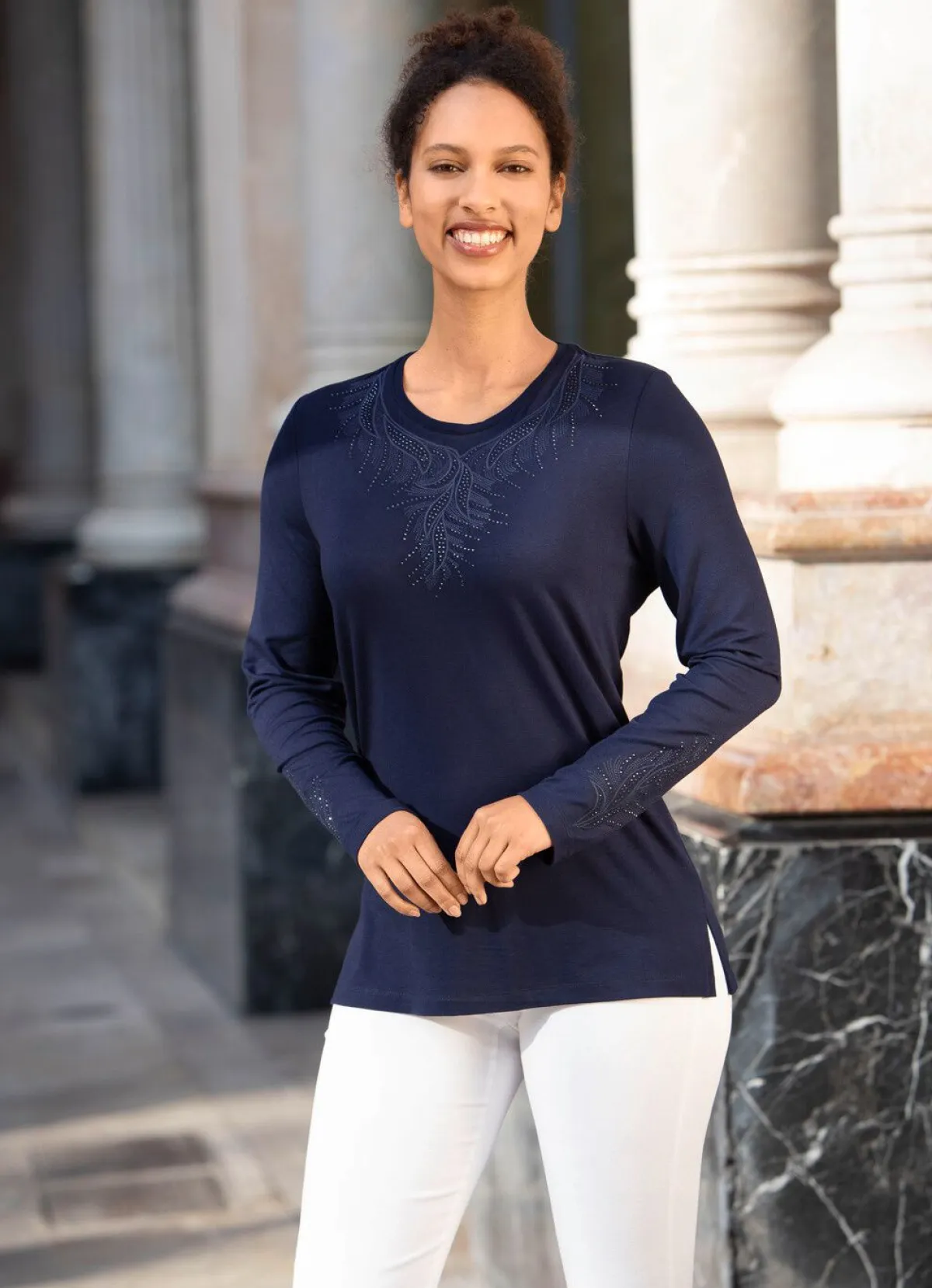 Hot BADER Shirt-Tunika mit Ton-in-Ton Stickerei NACHTBLAU