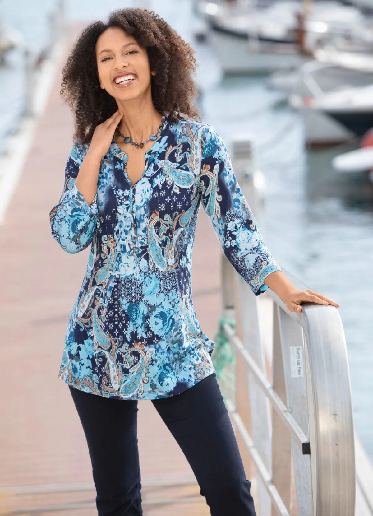 BADER Shirt-Tunika mit Zierknopfleiste TÜRKIS-MARINE-CAMEL-BUNT