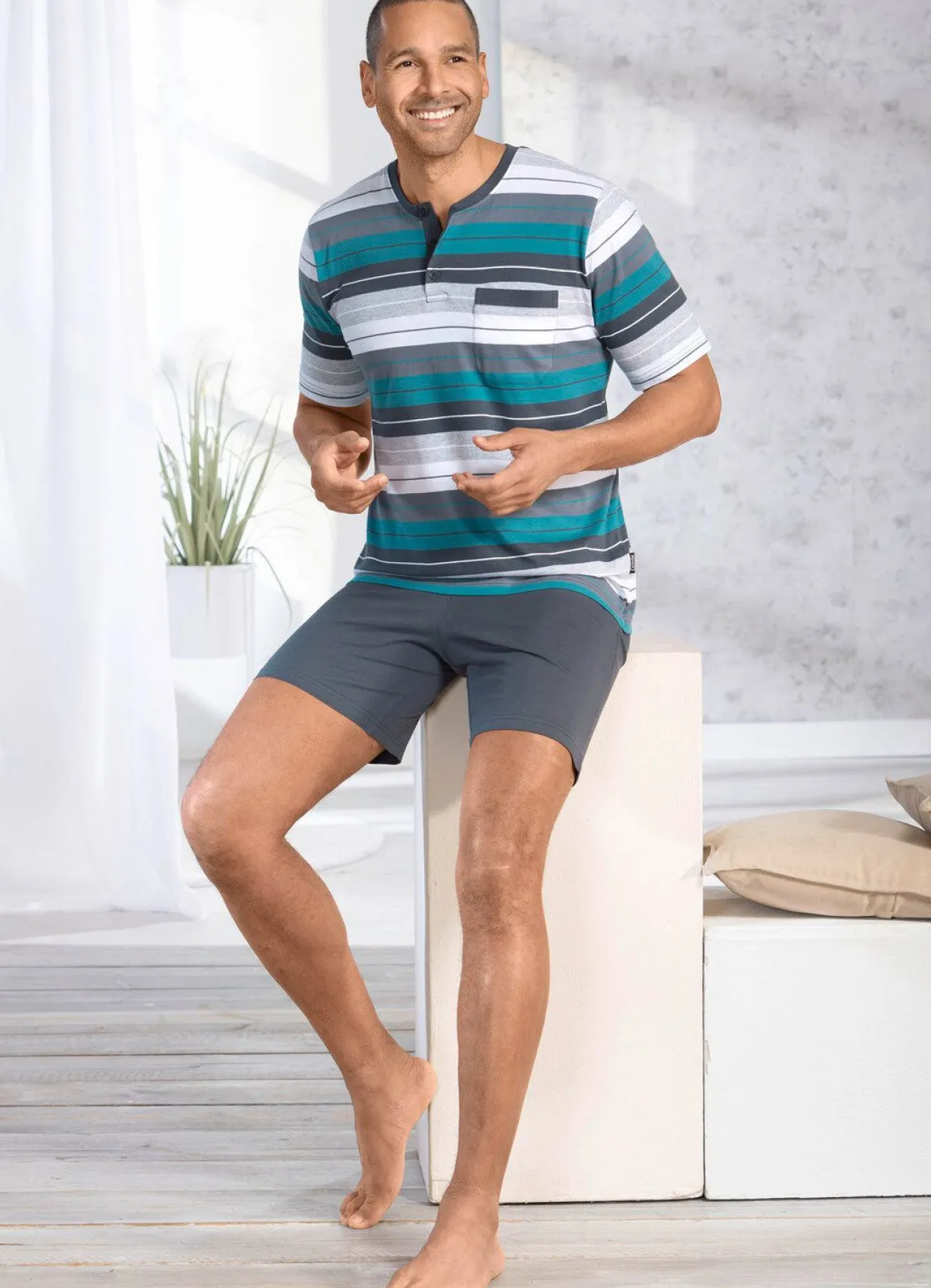 Best BADER Shorty mit Knopfleiste PETROL-GRAFIT-BUNT