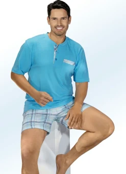 Clearance BADER Shorty mit Knopfleiste, aufgesetzter Brusttasche und Karodessin TÜRKIS-MINT-JEANSBLAU