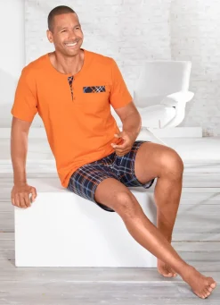 Hot BADER Shorty mit Knopfleiste, Brusttasche und Karodessin ORANGE-BUNT