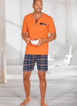 Hot BADER Shorty mit Knopfleiste, Brusttasche und Karodessin ORANGE-BUNT