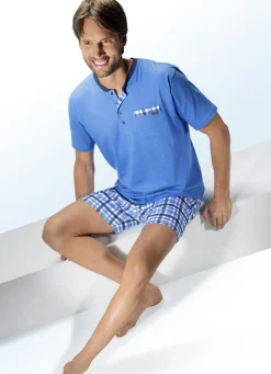 Sale BADER Shorty mit Knopfleiste, Brusttasche und Karodessin AZURBLAU-BUNT