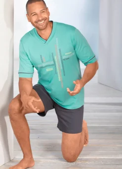 Outlet BADER Shorty mit platziertem Druck und V-Ausschnitt TÜRKIS-GRAFIT