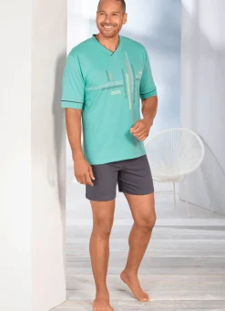Outlet BADER Shorty mit platziertem Druck und V-Ausschnitt TÜRKIS-GRAFIT