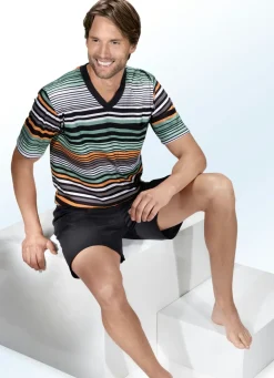 Best BADER Shorty mit V-Ausschnitt, Brusttasche und Ringeldessin GRÜN-ORANGE-SCHWARZ