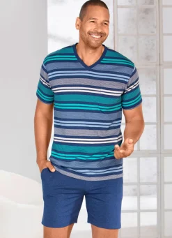 Discount BADER Shorty mit V-Ausschnitt und garngefärbtem Ringel BLAU-GRÜN-BUNT